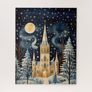 Vintage Gouache Styled Winter Church 16x20 Jigsaw Puzzle