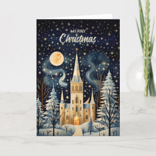 Vintage Gouache Styled Winter Church Christmas Holiday Card