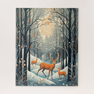 Vintage Gouache Styled Winter Deer 16x20 Jigsaw Puzzle