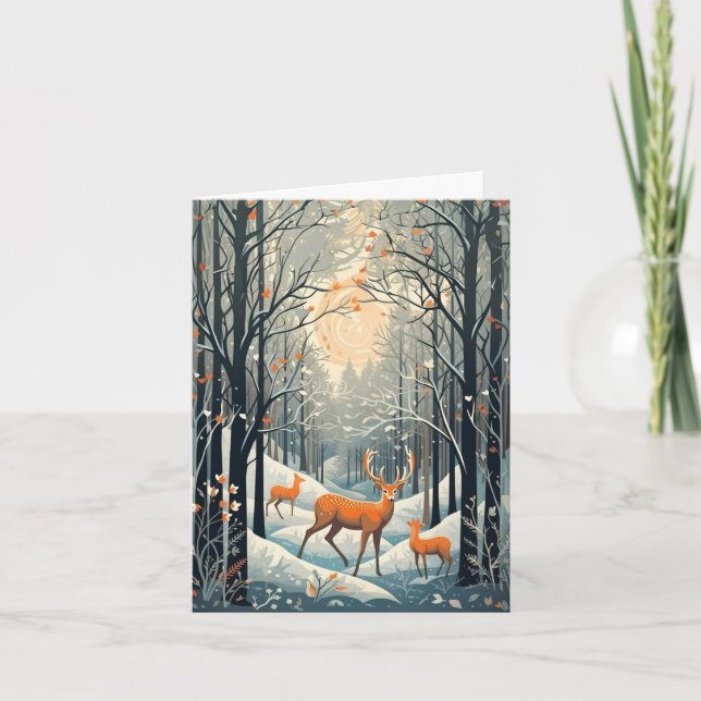 Vintage Gouache Styled Winter Deer Blank Note Card (Front)