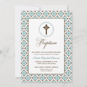 Vintage Grace Baptism 5x7 Invitation (brown/aqua)