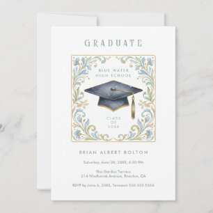 Vintage Graduate Cap with Floral Frame Invitation