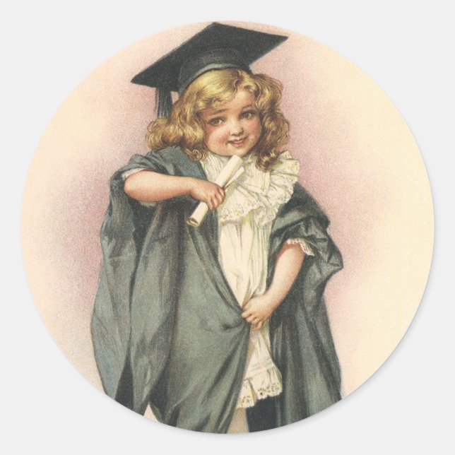 Vintage Graduation, Girl Wearing a Cap and Gown Classic Round Sticker (Front)