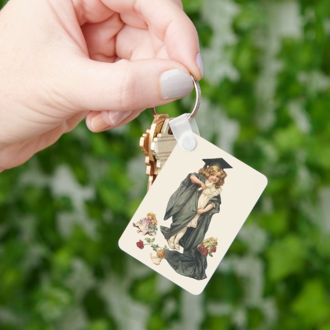 Vintage Graduation, Girl Wearing a Cap and Gown Keychain (Hand)