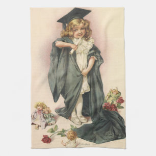 Vintage Graduation, Girl Wearing a Cap and Gown Kitchen Towel