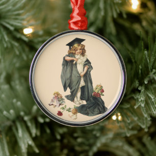 Vintage Graduation, Girl Wearing a Cap and Gown Metal Ornament