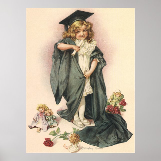 Vintage Graduation, Girl Wearing a Cap and Gown Poster (Front)