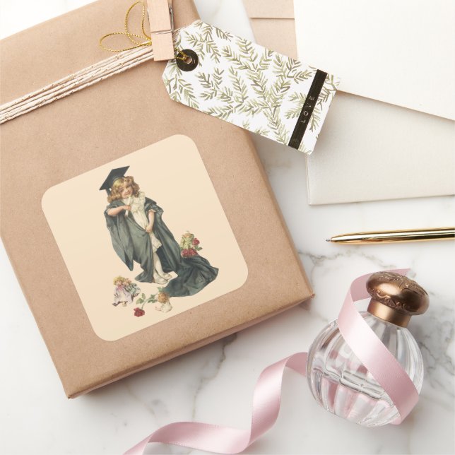 Vintage Graduation, Girl Wearing a Cap and Gown Square Sticker (Gifting)