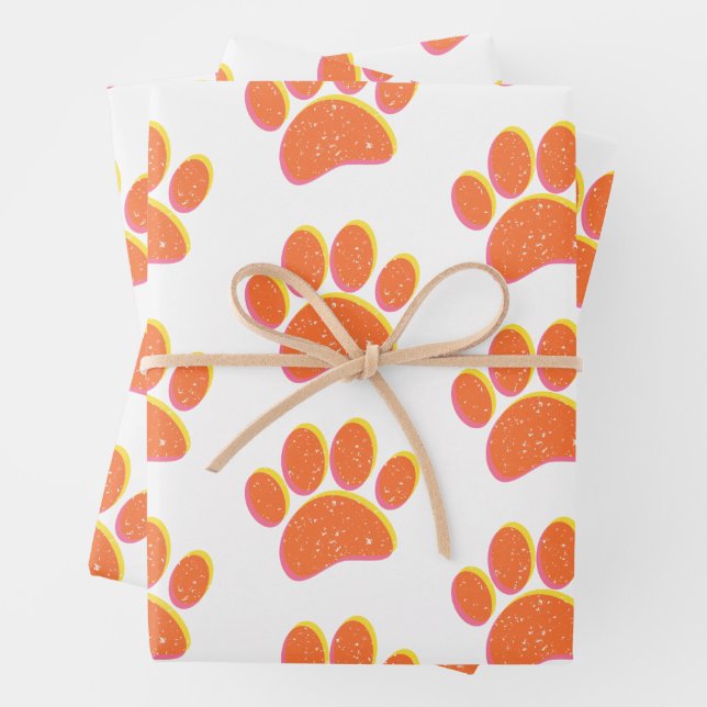 Vintage Grainy Dog Pawprint Wrapping Paper Sheet (In situ)