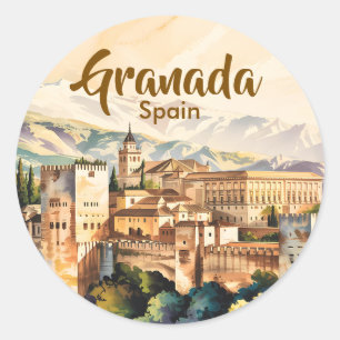 Vintage Granada Spain Alhambra Watercolor Travel Classic Round Sticker
