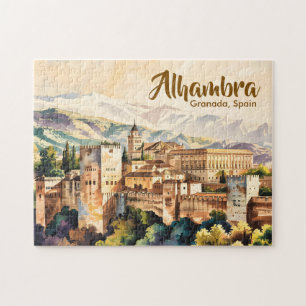 Vintage Granada Spain Alhambra Watercolor Travel Jigsaw Puzzle