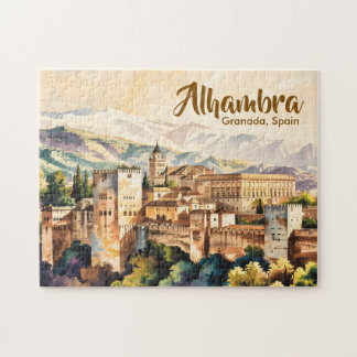 Vintage Granada Spain Alhambra Watercolor Travel Jigsaw Puzzle