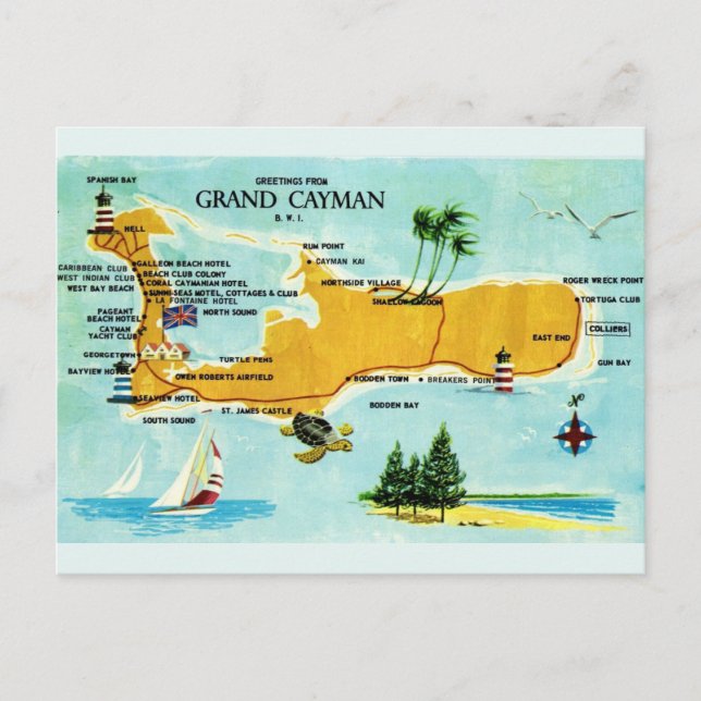 Vintage Grand Cayman Map Postcard (Front)