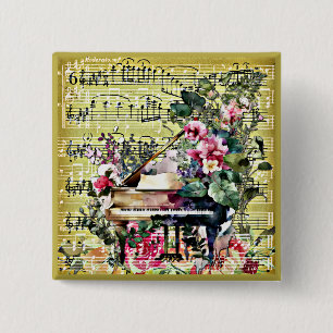 Vintage Grand Piano and Floral Design 2 Inch Square Button