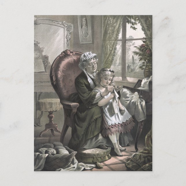 Vintage Grandma Teaching Kitting to Granddaughter Postcard (Front)