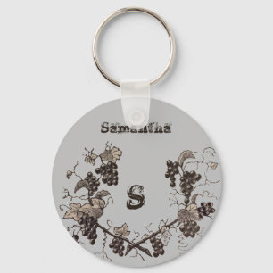 Vintage Grape Vine Sketch Botanical Frame Monogram Keychain