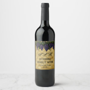Vintage Grapes, Custom Family Wine Bottle Label