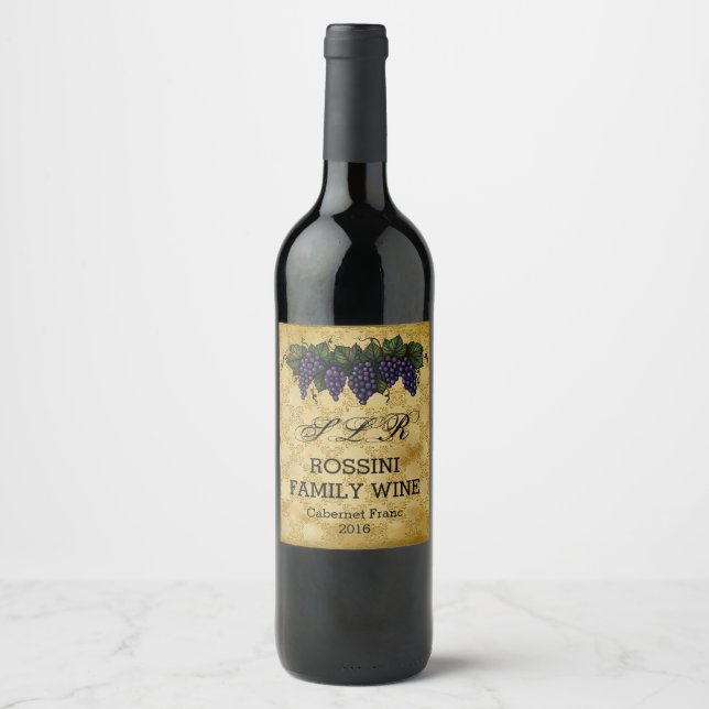 Vintage Grapes, Custom Family Wine Bottle Label (Front)