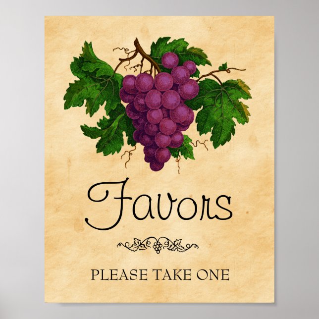 Vintage Grapes Wedding Bridal Shower Favours Sign (Front)