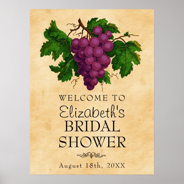 Vintage Grapes Wedding Bridal Shower Welcome Poster (Front)