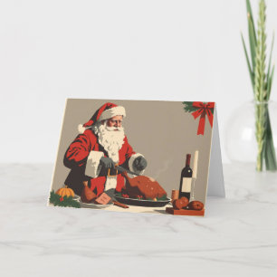 Vintage Graphic Santa Clause Carving A Turkey Card