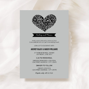 Vintage Gray Black Heart Wedding Rehearsal Dinner Invitation