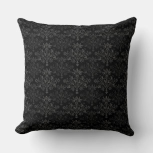 Vintage Gray on Black Damask Floral Pattern Throw Pillow