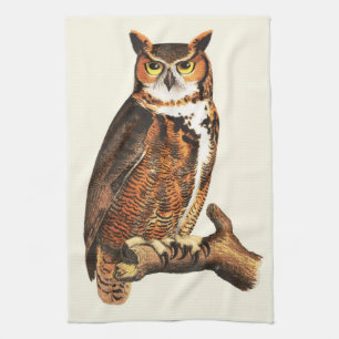 Vintage great horned owl drawing kitchen towel