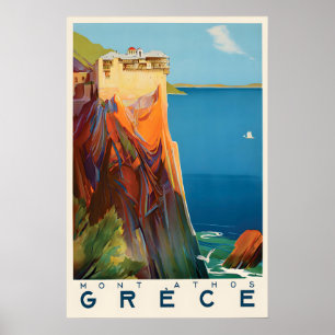 Vintage Greece Travel Poster Mount Athos Monastery