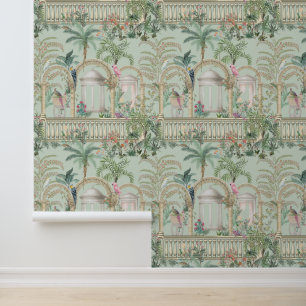 Vintage Greek Garden Arch Parrot Tropical Trees Wallpaper