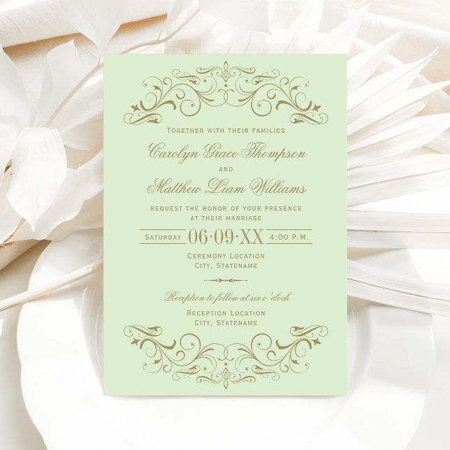 Vintage Green and Antique Gold Flourish Wedding Invitation (Creator Uploaded)