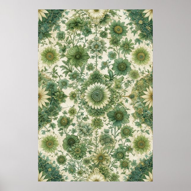 Vintage Green and Beige Floral Pattern Poster (Front)