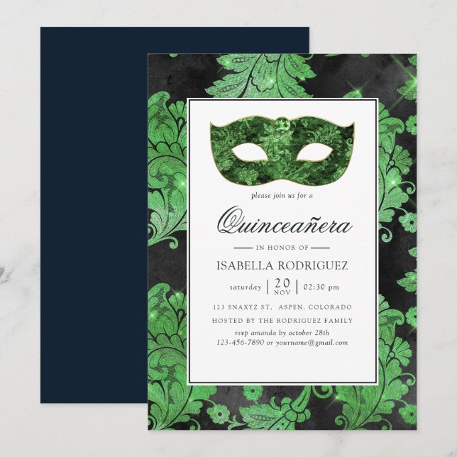 Vintage Green and Black Masquerade Quinceañera Invitation (Front/Back)
