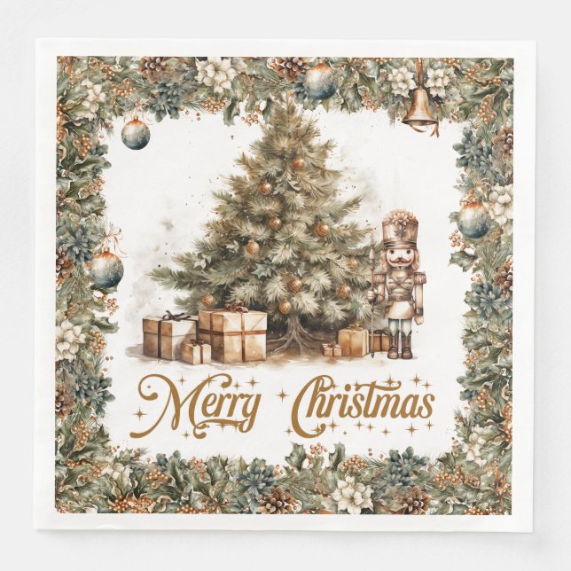 Vintage green and gold Christmas Nutcracker tree Napkin (Front)