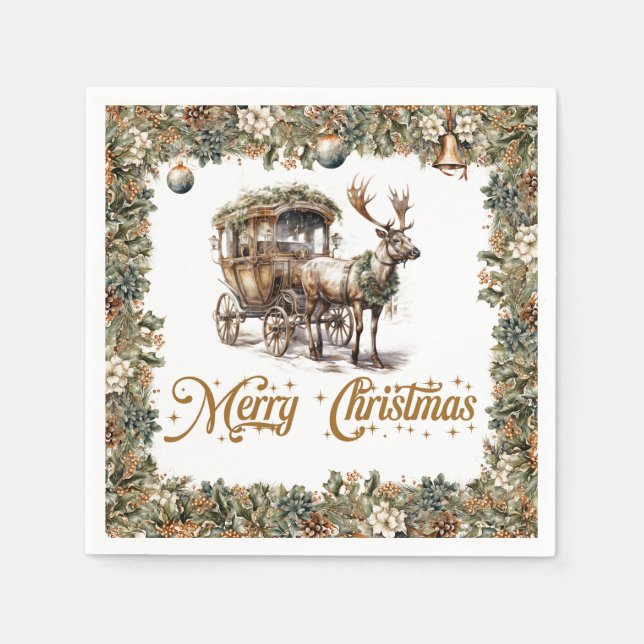 Vintage green and gold Christmas Reindeer sleigh  Napkin (Front)
