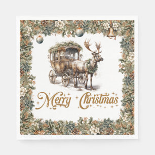 Vintage green and gold Christmas Reindeer sleigh Napkin
