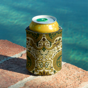 Vintage Green and Gold Floral Pattern Can Cooler
