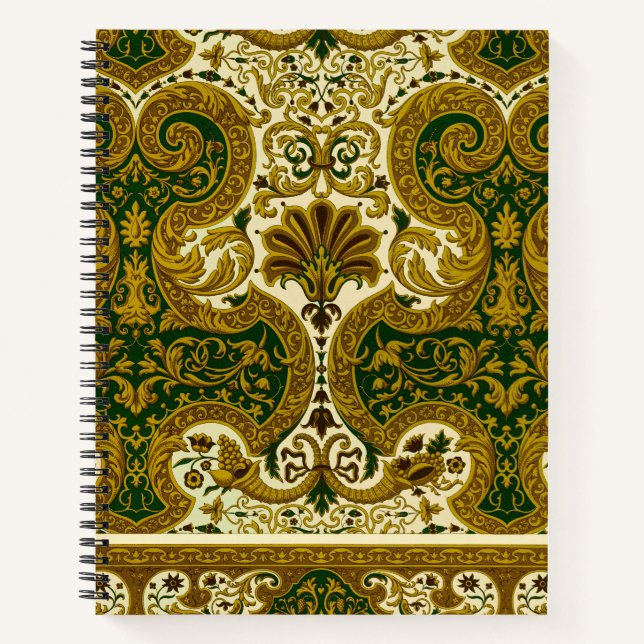 Vintage Green and Gold Floral Pattern Notebook (Front)