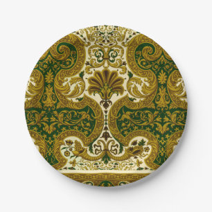 Vintage Green and Gold Floral Pattern Paper Plate