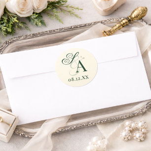 Vintage Green And Ivory Old Money Monogram Wedding Classic Round Sticker