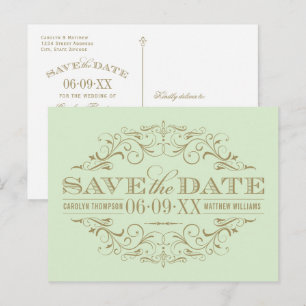 Vintage Green Antique Flourish Save the Date Announcement Postcard