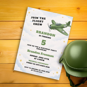 Vintage Green Army Airplane Military 5th Birthday Invitation