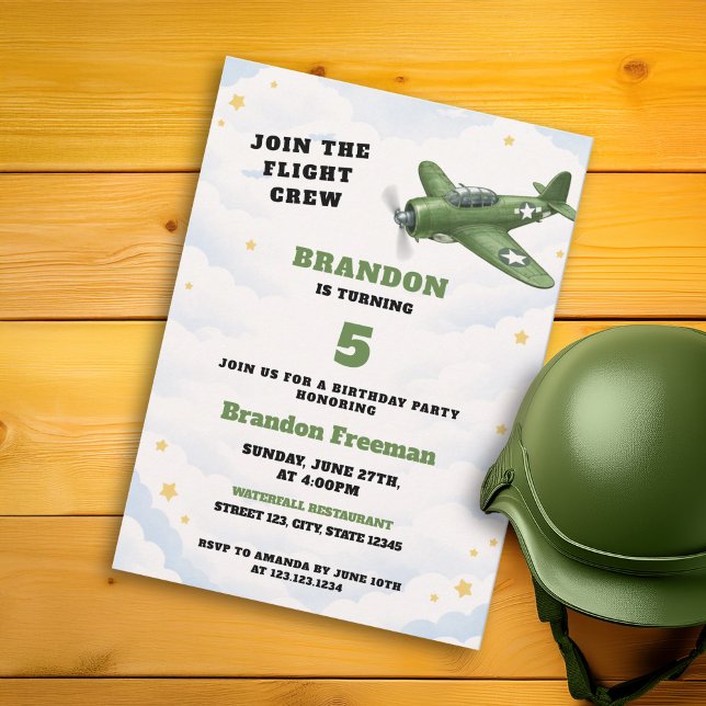 Vintage Green Army Airplane Military 5th Birthday Invitation (Creator Uploaded)