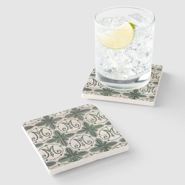 Vintage green azulejo stone coaster (Side)