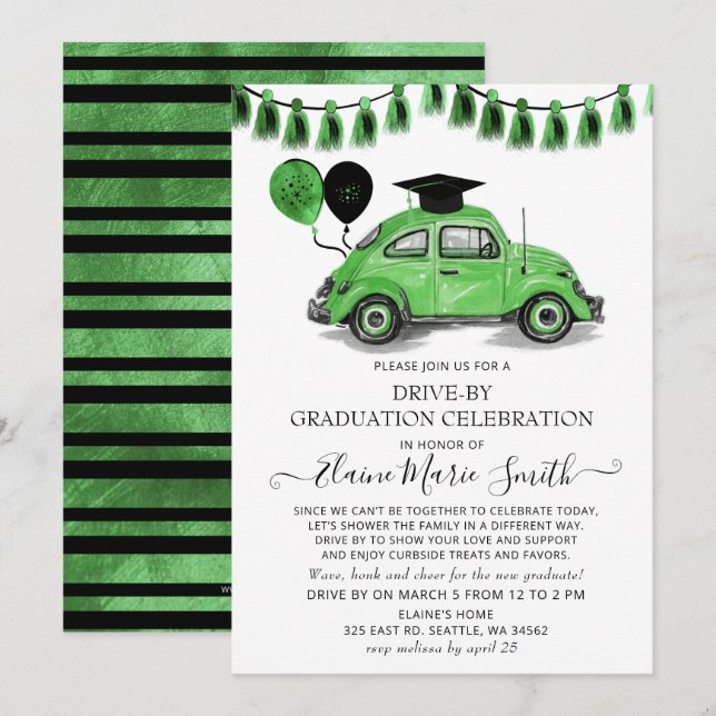 Vintage Green Beetle Balloons Drive By Graduation Invitation (Front/Back)