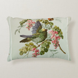 Vintage Green Bird and Pink Flowers Decorative Pillow