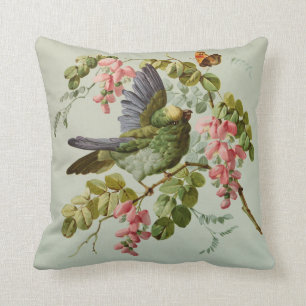 Vintage Green Bird and Pink Flowers Throw Pillow