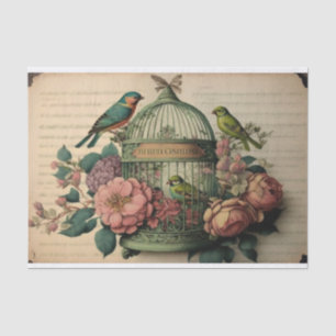 vintage Green Birdcage birds and floral decoupage Tissue Paper