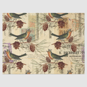 Vintage Green Birds and Pine Cones Decoupage Tissue Paper