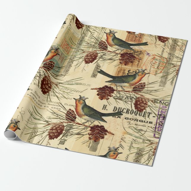 Vintage Green Birds and Pine Cones Wrapping Paper (Unrolled)
